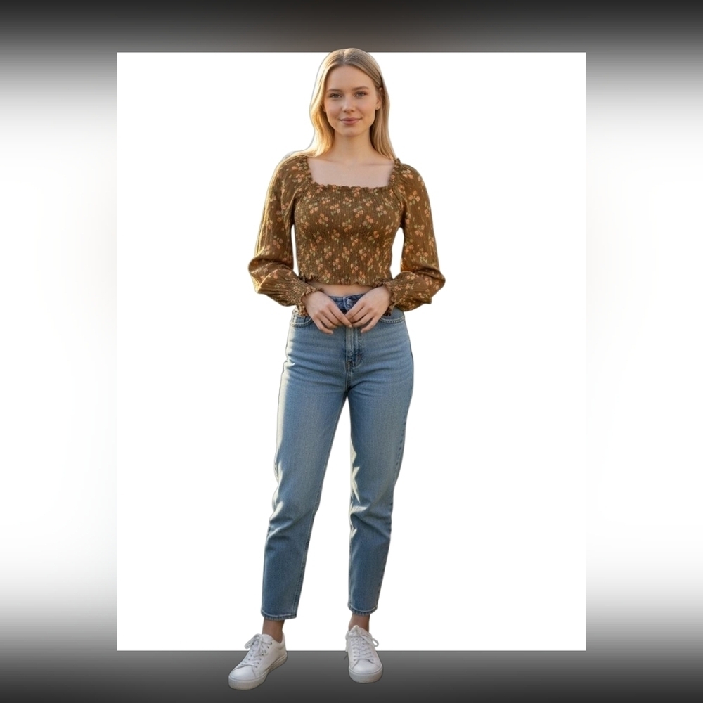 AERIE Brown Floral Smocked Blouse Top